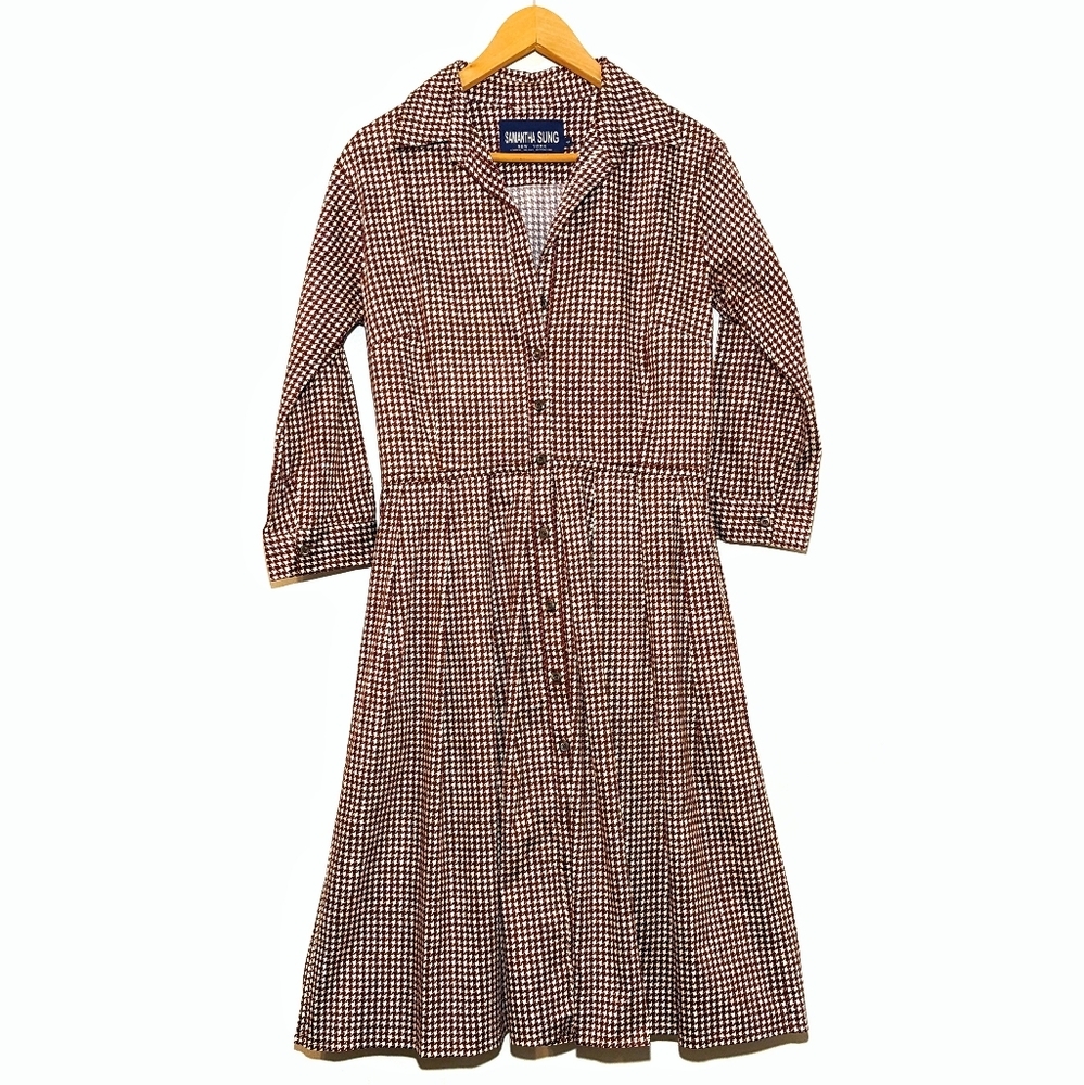 SAMANTHA SUNG Audrey Shirt Dress Red White Houndstooth 3/4 Midi Plaid Size 8